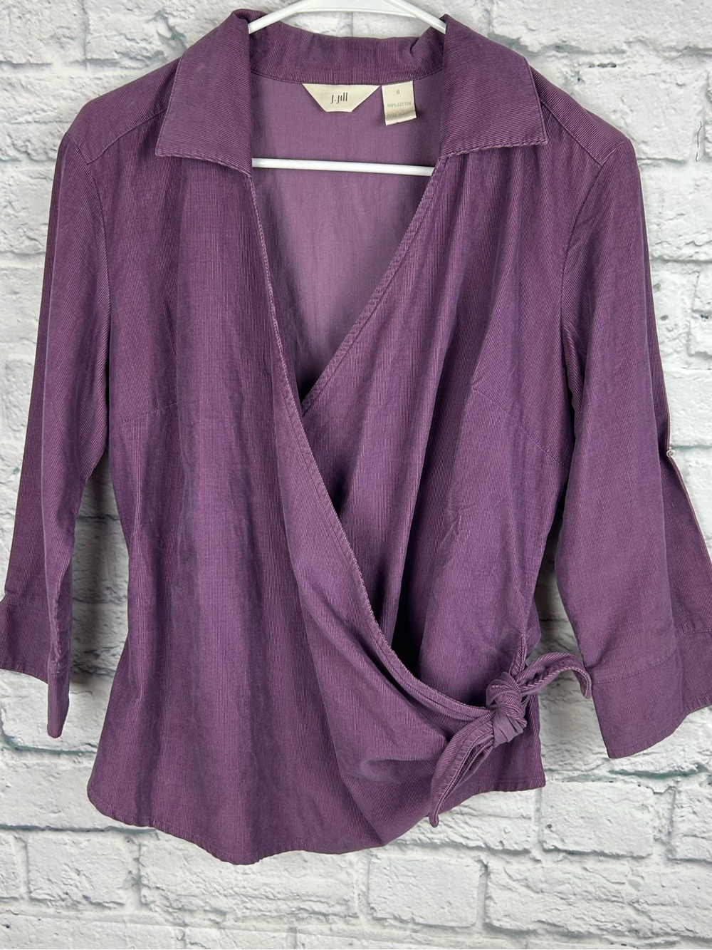 J. Jill Purple Corduroy Wrap Tie Blouse Size S 100% Cotton 3/4 Sleeve